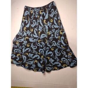 VERSAILLES Women's Midi Skirt Floral Print Black Blue Yellow Flounce Hem M‎